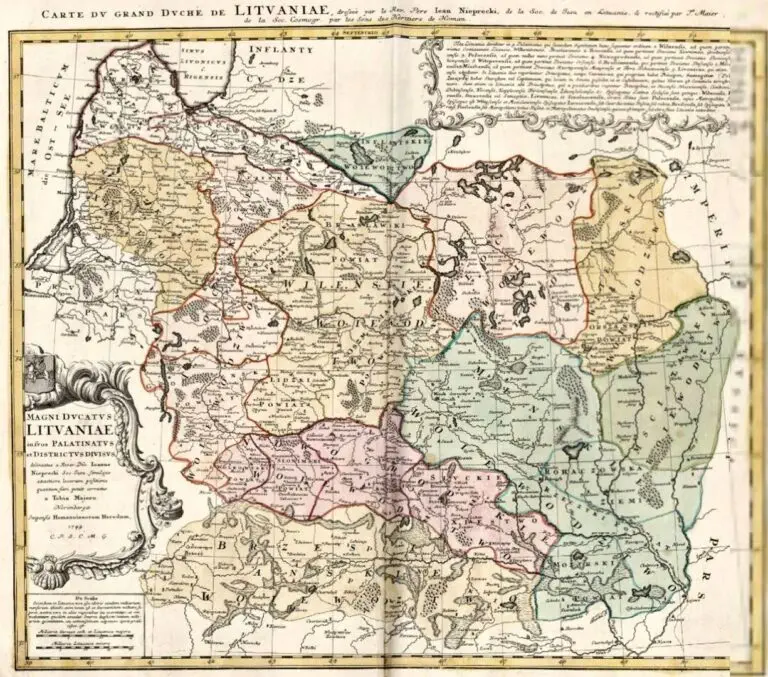 MAGN. DVCATVS LITVANIÆ in svos palatinatvs et districtvs divisvs / delineatus a... Ioanne Nieprecki...Simulque exactiore locorum positione quantum fieri potuit correctus a Tobia Majero. - Norimbergae : impensis Homannianorum Heredum, 1749. C.P.S.C.M.G. [Cum Privilegio Sacræ Cæsaræ Majestatis Gratia]