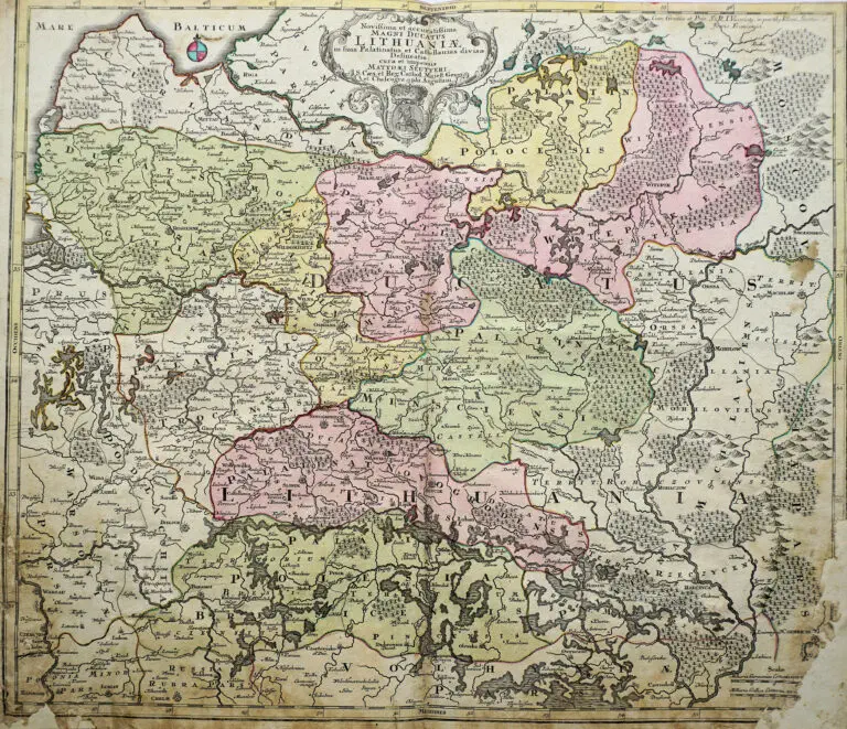 Novißima et accuratißima Magni Ducatus  Magni Ducatus Lithuaniæ in suos Palatinaus et Castellanias divisae Delineatio, cura et impressis Matthaei Seutteri, S. Caes. et reg. Cathol. Majest. Geogr. et Chalcographi Augustani,