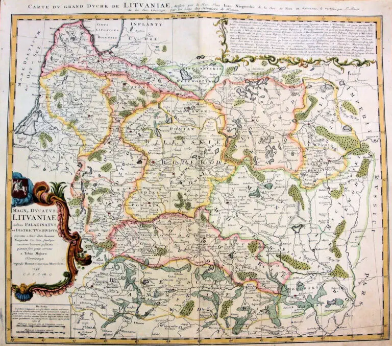 MAGN. DVCATVS LITVANIÆ in svos palatinatvs et districtvs divisvs / delineatus a... Ioanne Nieprecki...Simulque exactiore locorum positione quantum fieri potuit correctus a Tobia Majero. - Norimbergae : impensis Homannianorum Heredum, 1749. C.P.S.C.M.G. [Cum Privilegio Sacræ Cæsaræ Majestatis Gratia]