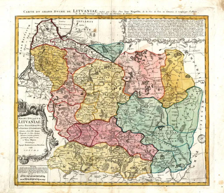 MAGN. DVCATVS LITVANIÆ in svos palatinatvs et districtvs divisvs / delineatus a... Ioanne Nieprecki...Simulque exactiore locorum positione quantum fieri potuit correctus a Tobia Majero. - Norimbergae : impensis Homannianorum Heredum, 1749. C.P.S.C.M.G. [Cum Privilegio Sacræ Cæsaræ Majestatis Gratia]