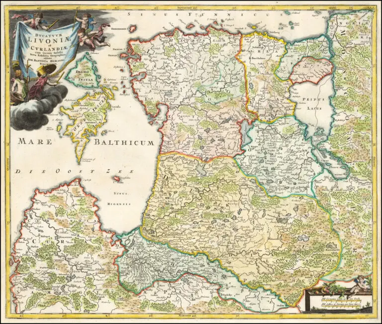 Dvcatvvm LIVONIÆ et Cvrlandiӕ, cum vicinis Insulis Nova Exhibitio Geographica. Editore IOH Homanno, Norimburgӕ,
