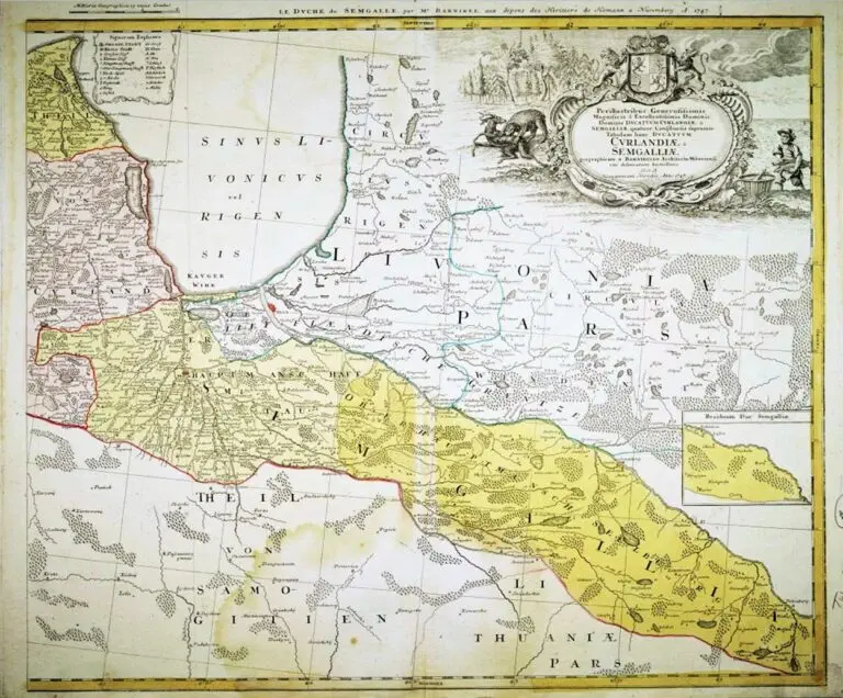 DVCATVS CVRLANDIÆ /  juxta. Barnikelii Architecti Curici primarii Geometricam Delineationem Geographica Tabula expressus studio Homannianorum Heredum,
