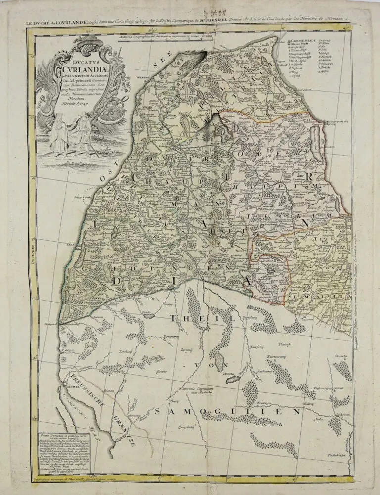 DVCATVS CVRLANDIÆ /  juxta. Barnikelii Architecti Curici primarii Geometricam Delineationem Geographica Tabula expressus studio Homannianorum Heredum,