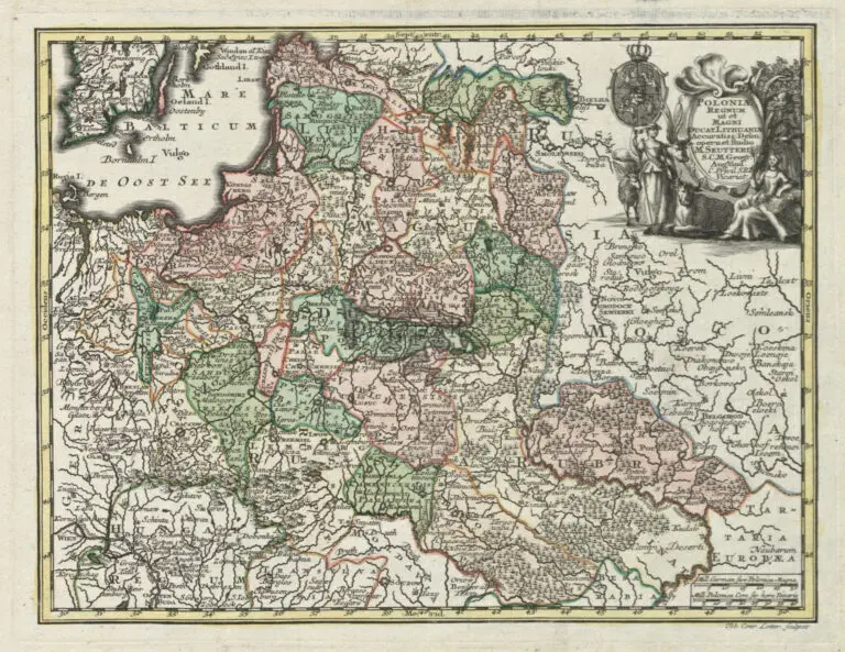 Poloniæ Regnum ut et Magni Ducat. Lithuaniæ Accuratiss. Delin. opera et studio M. Seutteri, S.C.M. Geogr. Aug. Vindel. C. Privil. S.R. I. Vicariat. Tob. Conr. Lotter sculpsit.