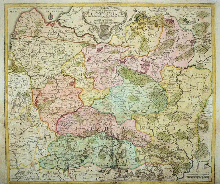 Novißima et accuratißima Magni Ducatus  Magni Ducatus Lithuaniæ in suos Palatinaus et Castellanias divisae Delineatio, cura et impressis Matthaei Seutteri, S. Caes. et reg. Cathol. Majest. Geogr. et Chalcographi Augustani,