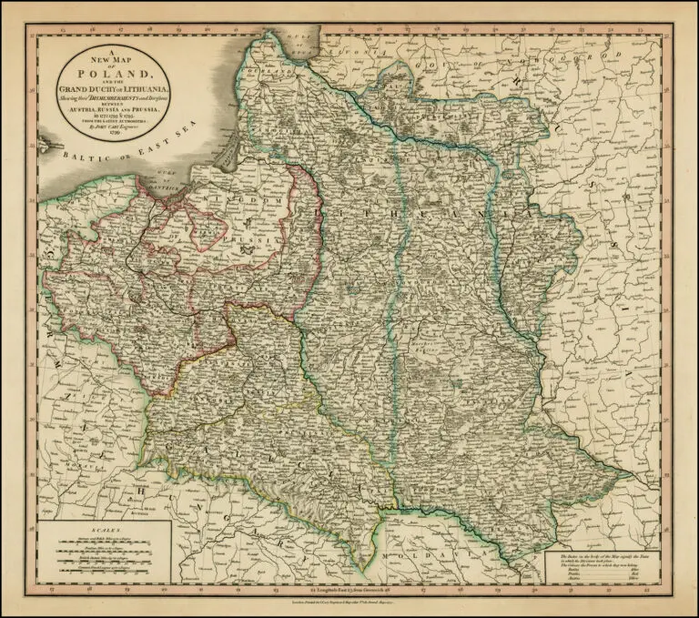 A New Map of Poland, and the Grand Duchy of Lithuania, shewing their dismemberments and divisions between Austria, Russia and Prussia, in 1772, 1793 & 1795, from the latest authorities,