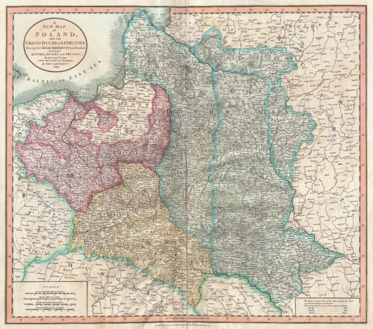 A New Map of Poland, and the Grand Duchy of Lithuania, shewing their dismemberments and divisions between Austria, Russia and Prussia, in 1772, 1793 & 1795, from the latest authorities,
