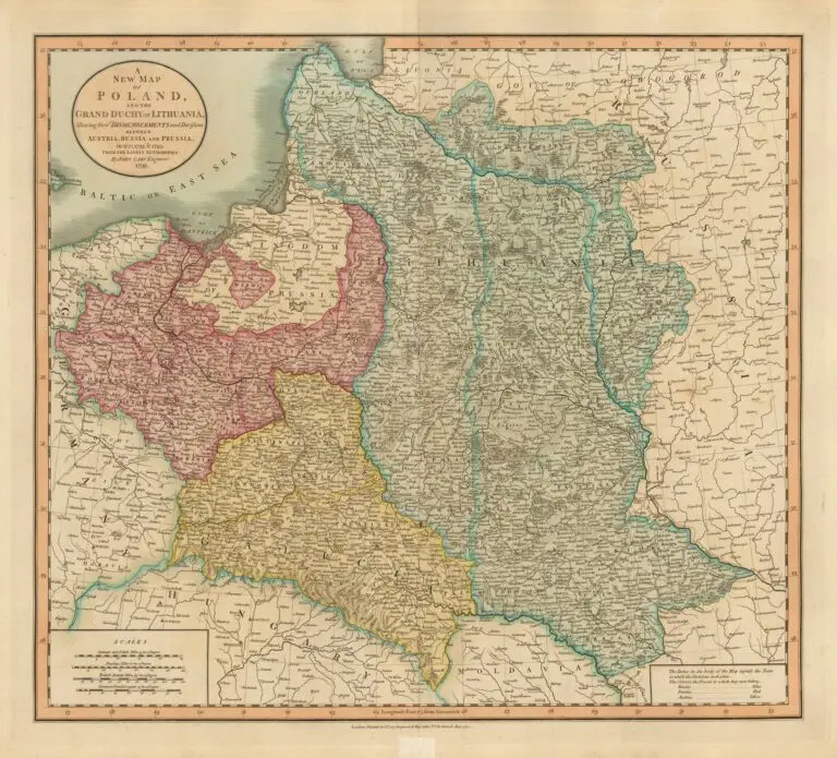 A New Map of Poland, and the Grand Duchy of Lithuania, shewing their dismemberments and divisions between Austria, Russia and Prussia, in 1772, 1793 & 1795, from the latest authorities,