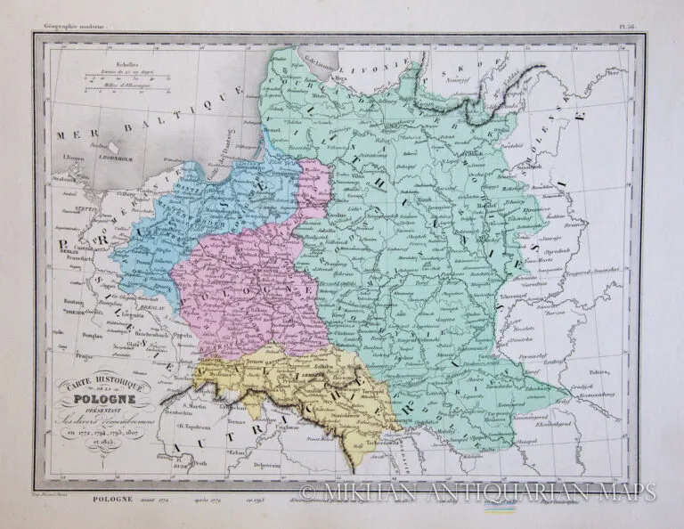 CARTE HISTORIQUE DE LA POLOGNE PRESENTANT Les divers demembrenens en 1772, 1794, 1795, 1807, et 1815,