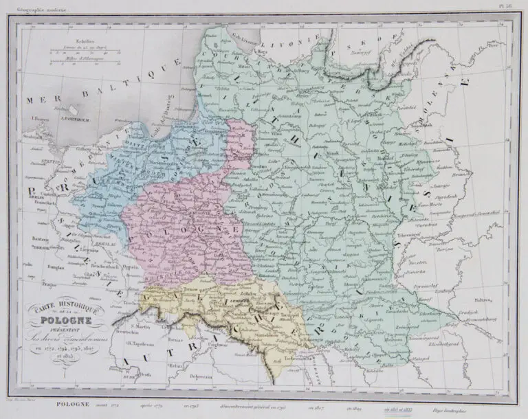 CARTE HISTORIQUE DE LA POLOGNE PRESENTANT Les divers demembrenens en 1772, 1794, 1795, 1807, et 1815,