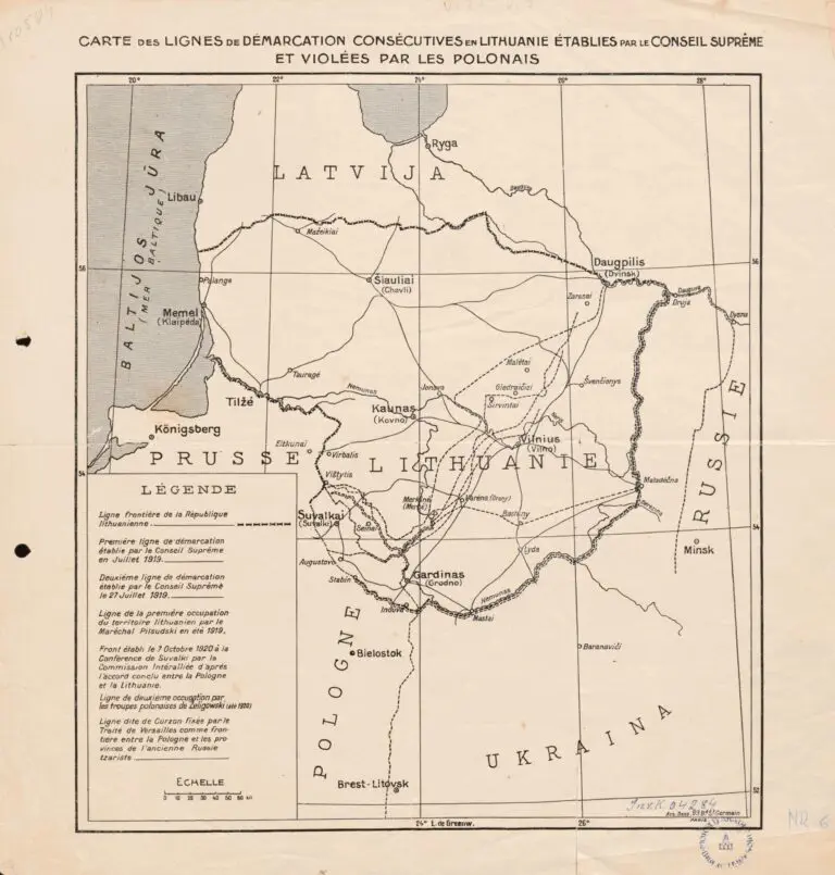 Carte des Lignes de Démarcation Conséc- utives en Lithuanie...   Violées par les Polonais.