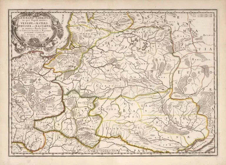 Germano-sarmatia; Kartenmaterial; in qua populi maiores Venedi, et Æstiæi; Peucini, et Bastarnæ in minores populos divisi ad hodiernam locorum...