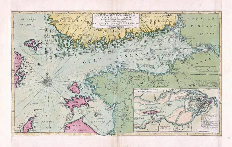 A MAP or CHART of the GULFS of FINLAND and LIVONIA with their respective Ports and Harbours, together with a large Plan of Kroonstad and St. Petersburg, taken from an original drawing lately sent from St. Petersburg,