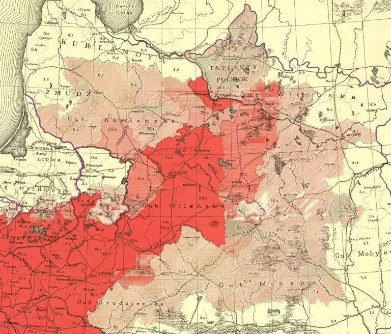 Mapa rozsiedlenia ludności polskiej z uwzględnieniem spisów z 1916 roku. Odsetek ludności polskiej w powiatach