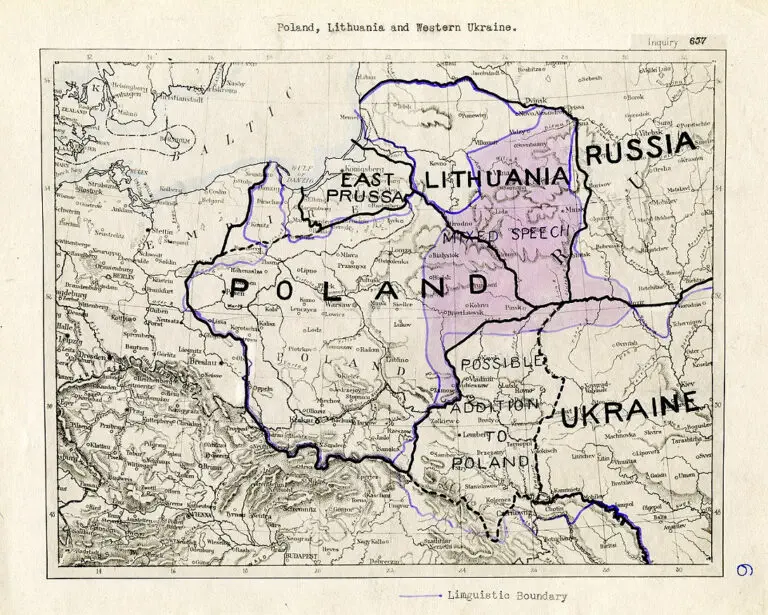 Map and text delineating boundaries of Poland, Lithuania, Western Ukraine,