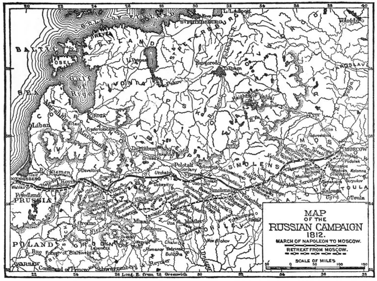 Map of the Russian Campaign, March of Napoleon, Retreat from Moscow.