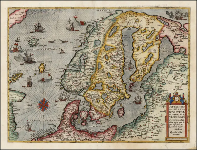 SEPTENTRIONALIV REGIONIONVM SVETIÆ GOTHIÆ NORVEGIÆ DANIÆ et terrarum adicetium recens exacta que descriptio per Liuinum algoet Auctorem Gerardus de Jode execudebat,