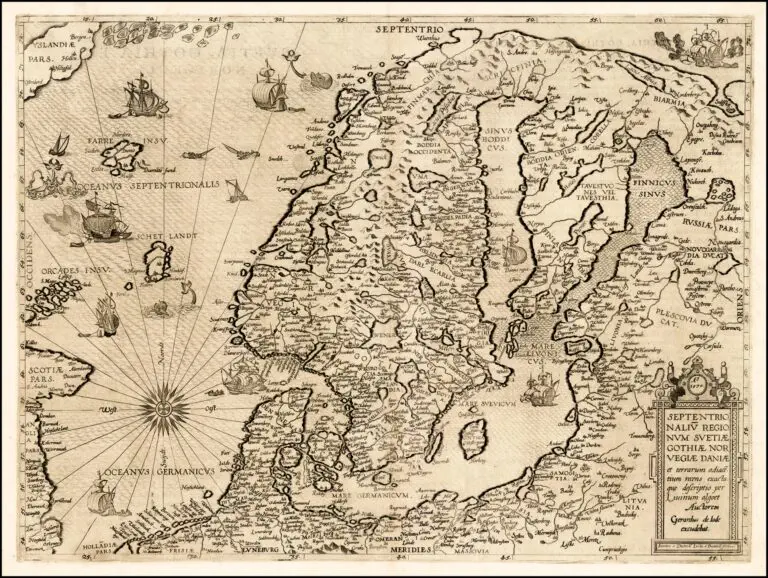 SEPTENTRIONALIV REGIONIONVM SVETIÆ GOTHIÆ NORVEGIÆ DANIÆ et terrarum adicetium recens exacta que descriptio per Liuinum algoet Auctorem Gerardus de Jode execudebat,
