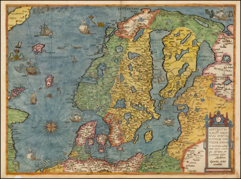 SEPTENTRIONALIV REGIONIONVM SVETIÆ GOTHIÆ NORVEGIÆ DANIÆ et terrarum adicetium recens exacta que descriptio per Liuinum algoet Auctorem Gerardus de Jode execudebat,