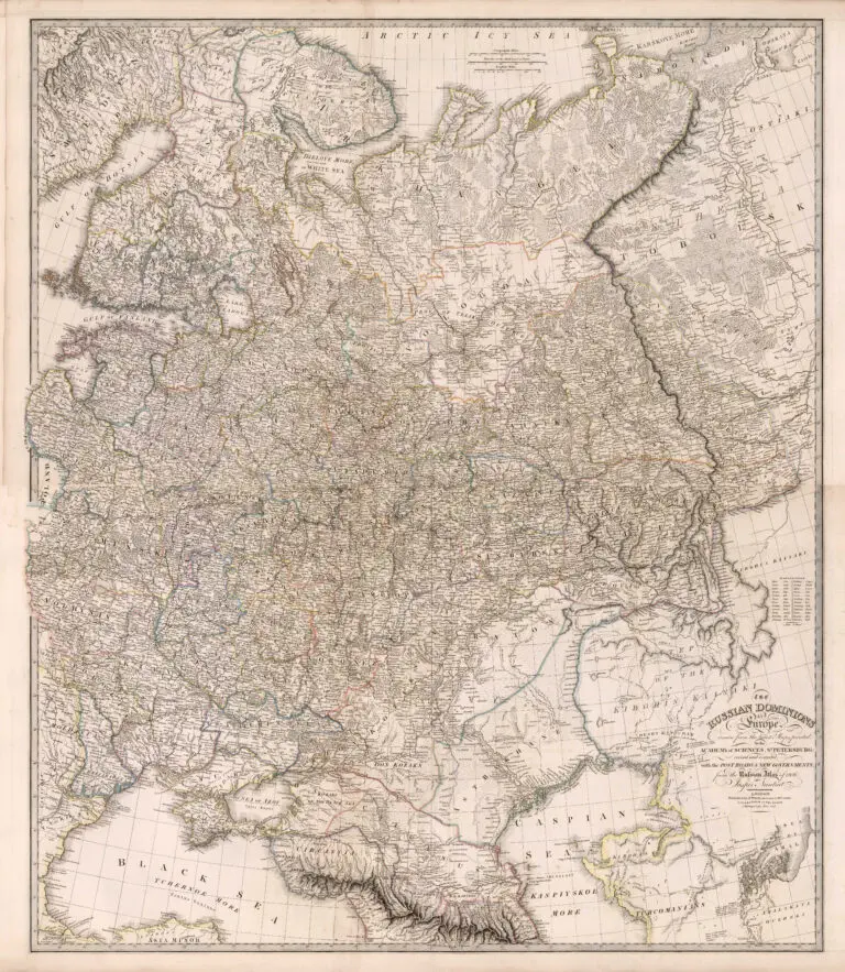 The Russian Dominions in Europe drawn from the latest Maps printed by the Academy of Sciences, St. Petersburg; revised and corrected with the Post Roads and New Governments..,