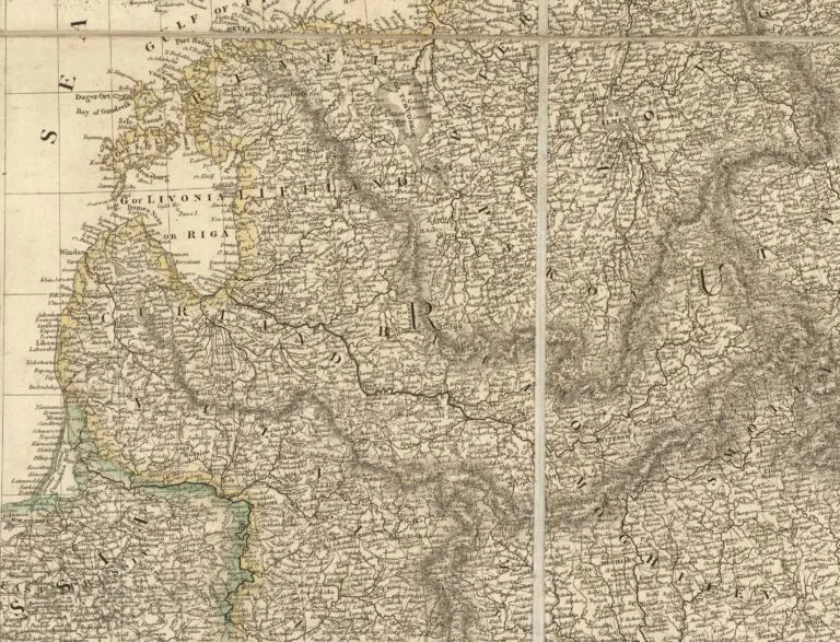 Map Exhibiting the Great Post Roads, Physical and Political Divisions of Europe from Original Materials Collected from the Different Countries: Northeast and Southeast sections,