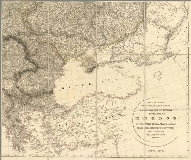 Map Exhibiting the Great Post Roads, Physical and Political Divisions of Europe from Original Materials Collected from the Different Countries: Northeast and Southeast sections,