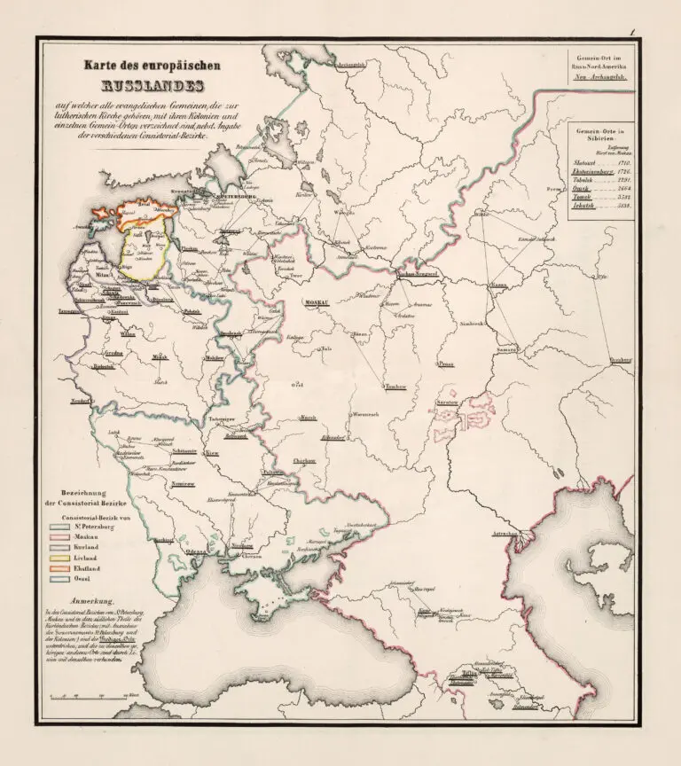 Karte des europäischen RUSSLANDES - Bezeichnung der Consistorial Bezirke... auf welcher alle evangelischen Gemeinen...
