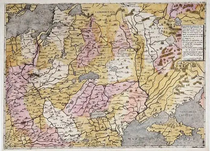 Il Disegno de Geografia Moderna del Regno di Polonia, e Parte del Ducado di Moscovia, con parte della Scandia , e parte de Suevia, con molte Regioni, in quelli. .